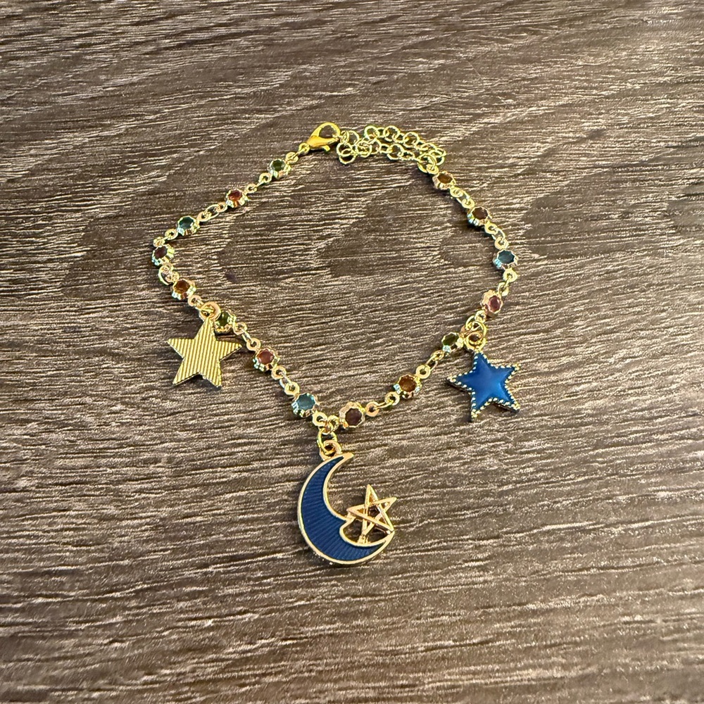 New Jeweled Gold Chain Bracelet with Moon Charms